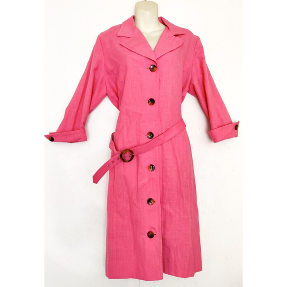 Vintage HENRY LEE 1970's LINEN SHIRT DRESS Belted Buttons Hot Pink SZ Med - Picture 1 of 8
